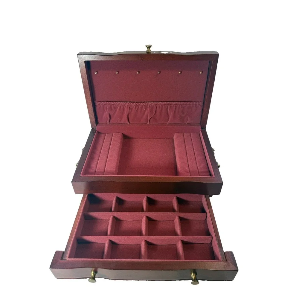 Reed & Barton Eureka Wood Jewelry Box Chest W/Drawer Burgundy Velvet Interior